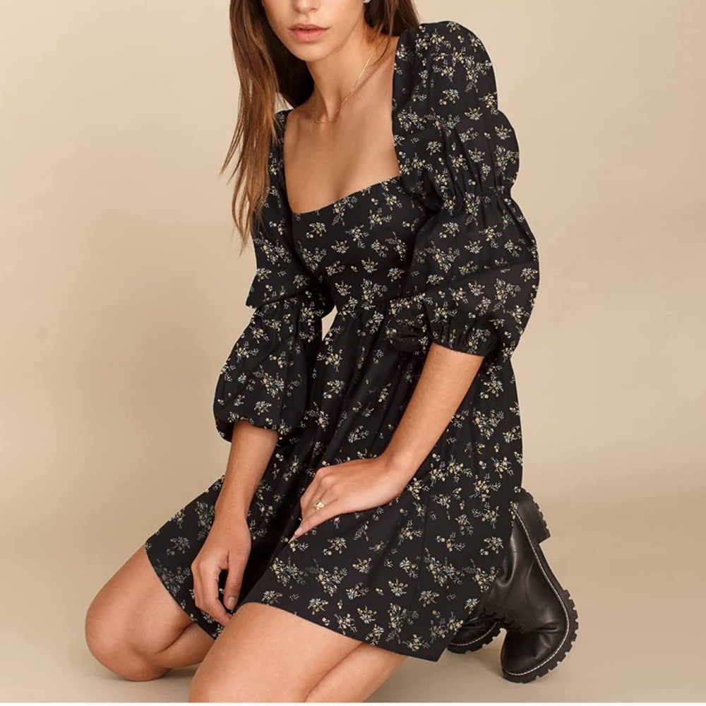 EXLURA Womens Square Neck Dress Long Puff Sleeve A-Line Casual Short Mini Dress